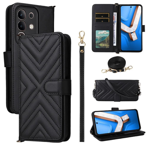 For vivo Y29 4G / T4x 5G Wallet Case with Shoulder / Wrist Strap Leather Phone Cover Stand - Black - 1