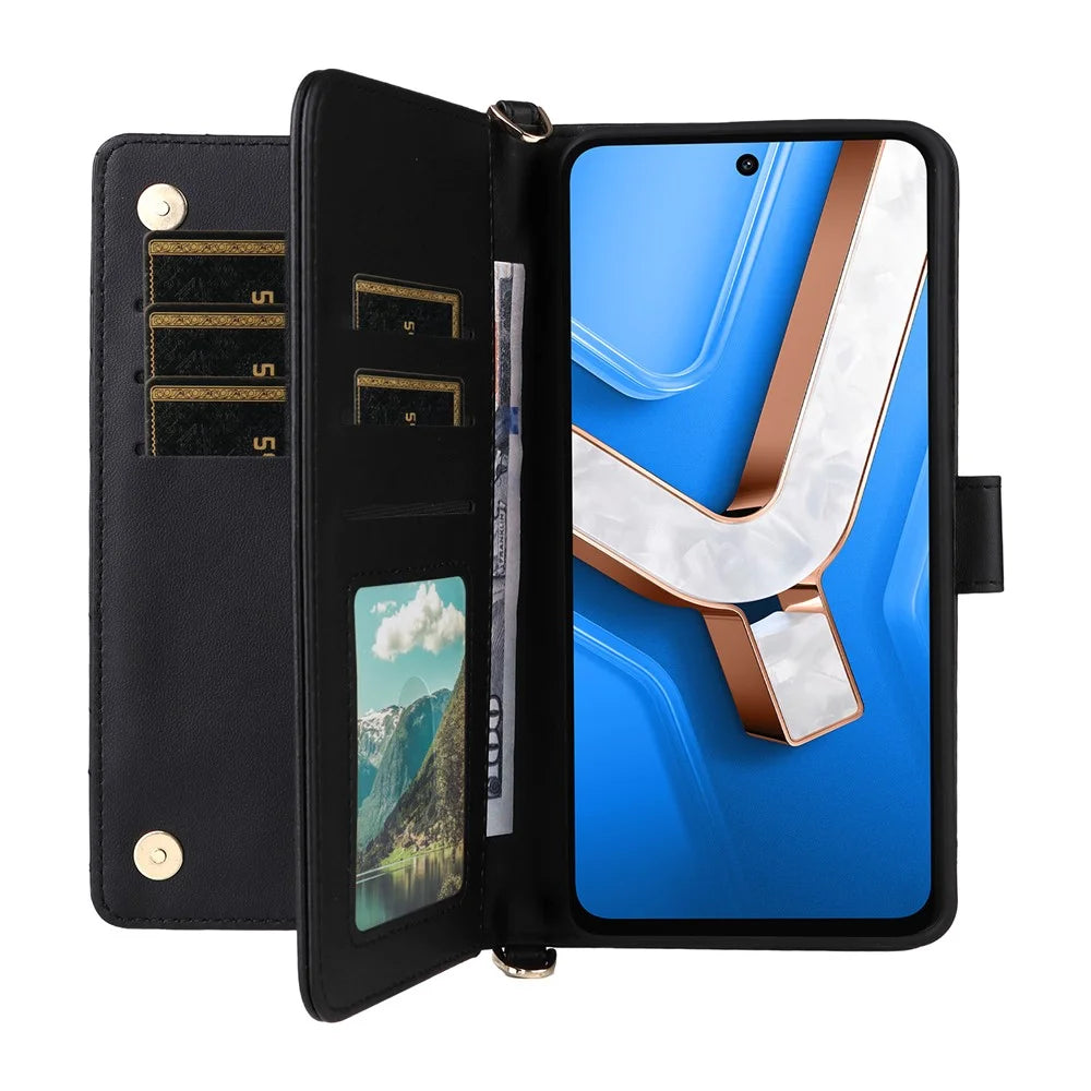 For vivo Y29 4G / T4x 5G Wallet Case with Shoulder / Wrist Strap Leather Phone Cover Stand - Black - 2
