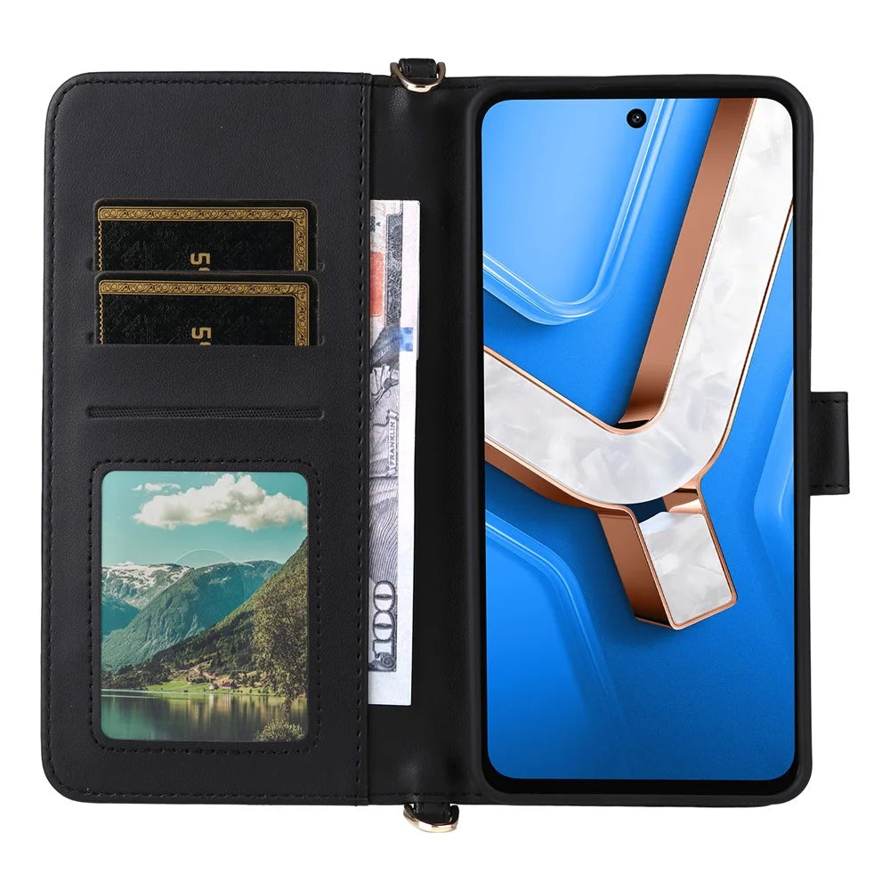 For vivo Y29 4G / T4x 5G Wallet Case with Shoulder / Wrist Strap Leather Phone Cover Stand - Black - 4