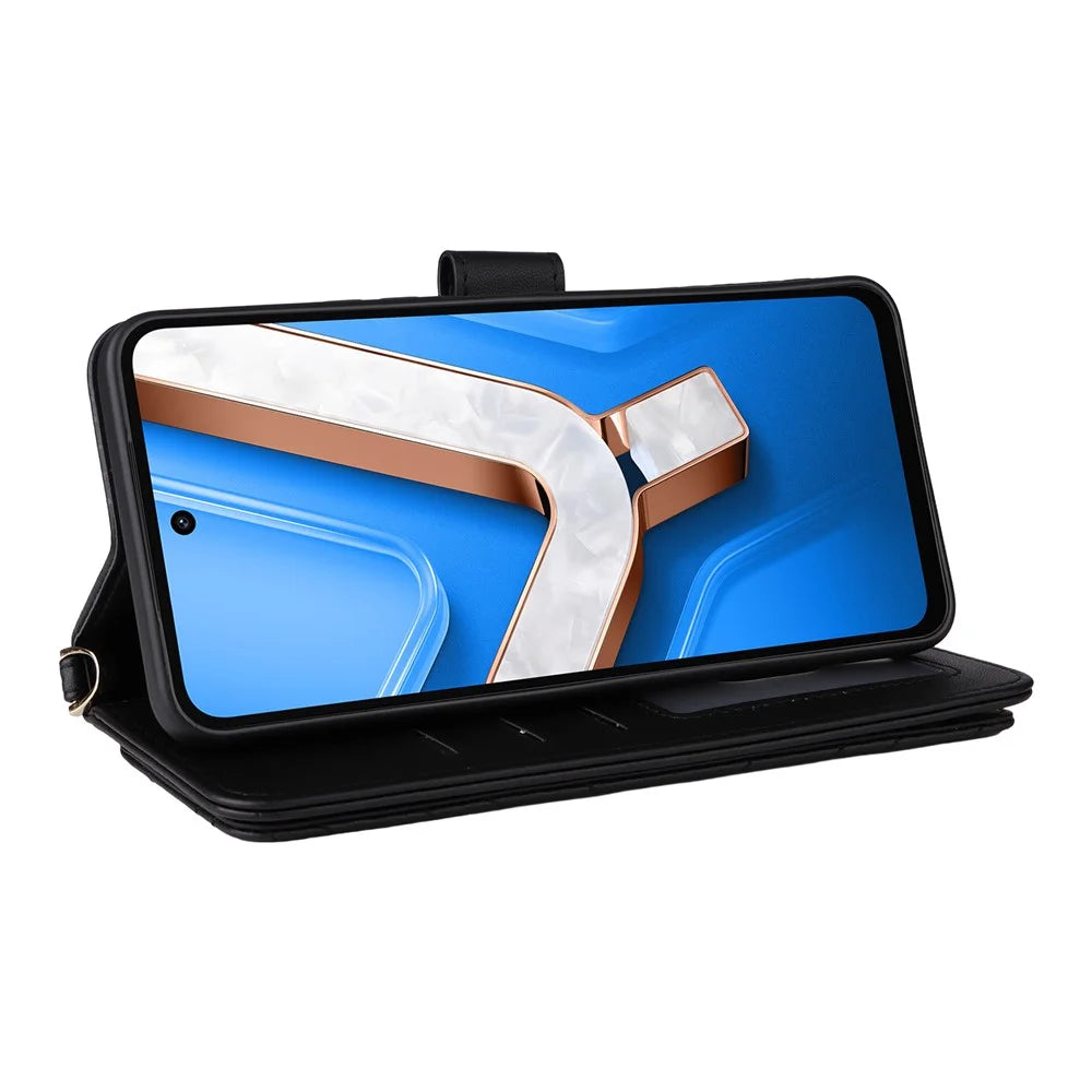 For vivo Y29 4G / T4x 5G Wallet Case with Shoulder / Wrist Strap Leather Phone Cover Stand - Black - 5