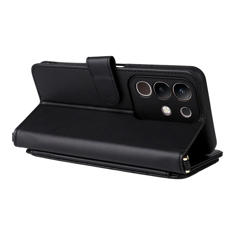 For vivo Y29 4G / T4x 5G Wallet Case with Shoulder / Wrist Strap Leather Phone Cover Stand - Black - 6
