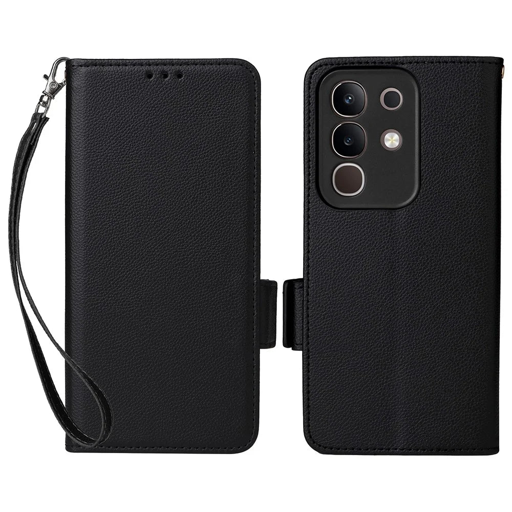 For vivo Y29 4G / T4x 5G Case with Wrist Strap Litchi Texture PU Leather Wallet Phone Cover - Black - 1