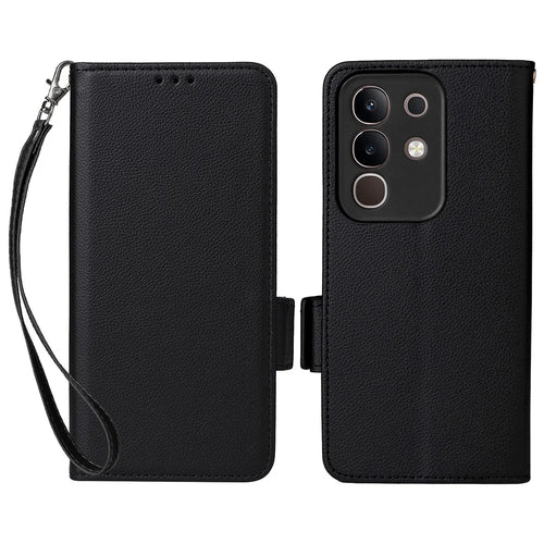 For vivo Y29 4G / T4x 5G Case with Wrist Strap Litchi Texture PU Leather Wallet Phone Cover - Black - 1