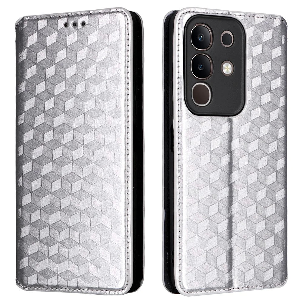 For vivo Y29 4G / T4x 5G Case Wallet Rhombus Imprinted Leather Phone Cover - Silver - 1