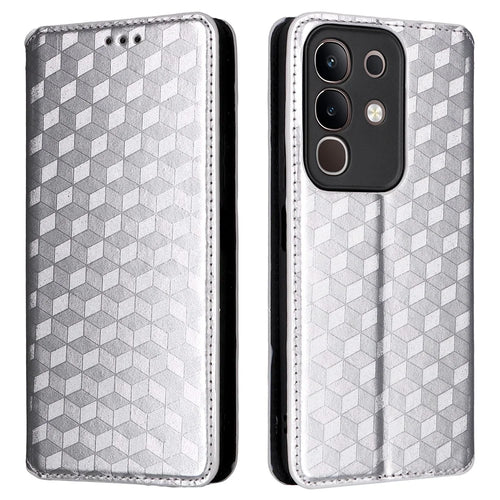 For vivo Y29 4G / T4x 5G Case Wallet Rhombus Imprinted Leather Phone Cover - Silver - 1