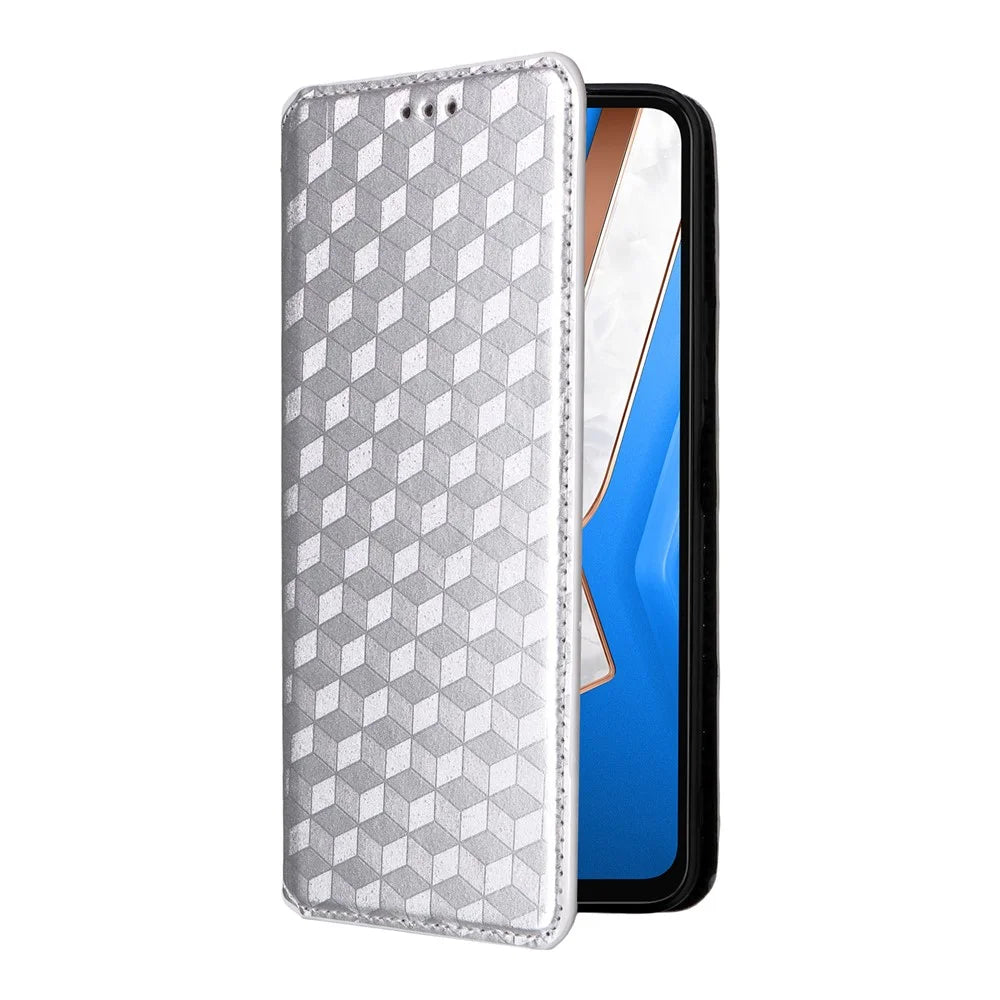 For vivo Y29 4G / T4x 5G Case Wallet Rhombus Imprinted Leather Phone Cover - Silver - 6