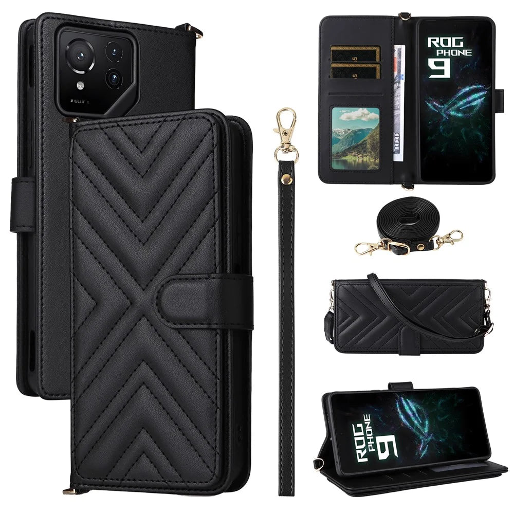 For Asus ROG Phone 9 5G / Phone 9 Pro 5G Wallet Case with Shoulder / Wrist Strap Leather Phone Cover Stand - Black - 1