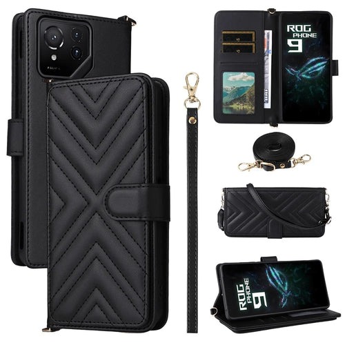 For Asus ROG Phone 9 5G / Phone 9 Pro 5G Wallet Case with Shoulder / Wrist Strap Leather Phone Cover Stand - Black - 1