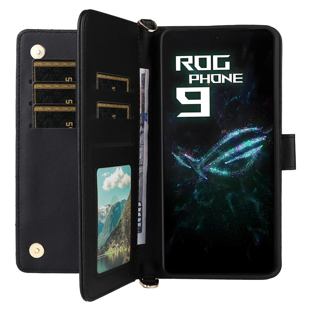 For Asus ROG Phone 9 5G / Phone 9 Pro 5G Wallet Case with Shoulder / Wrist Strap Leather Phone Cover Stand - Black - 2