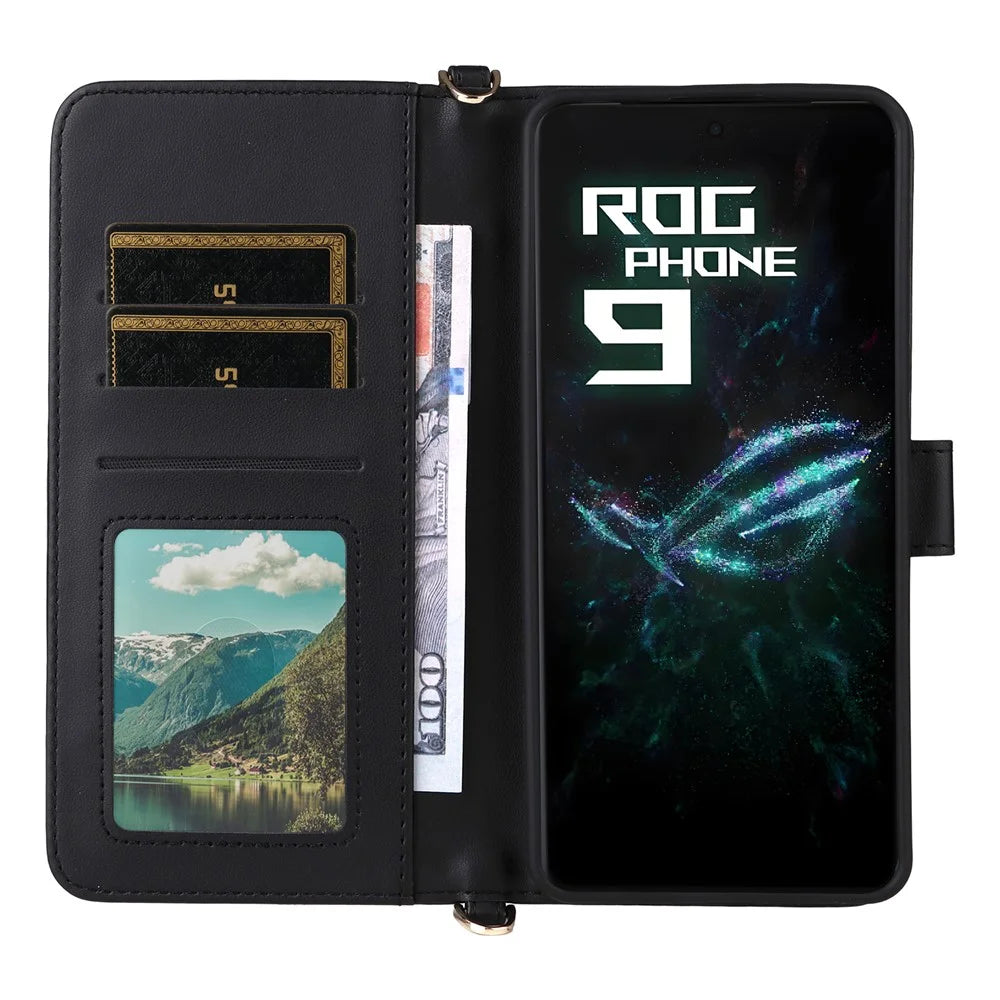 For Asus ROG Phone 9 5G / Phone 9 Pro 5G Wallet Case with Shoulder / Wrist Strap Leather Phone Cover Stand - Black - 4