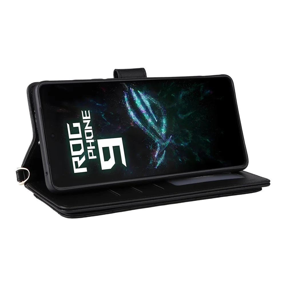 For Asus ROG Phone 9 5G / Phone 9 Pro 5G Wallet Case with Shoulder / Wrist Strap Leather Phone Cover Stand - Black - 5