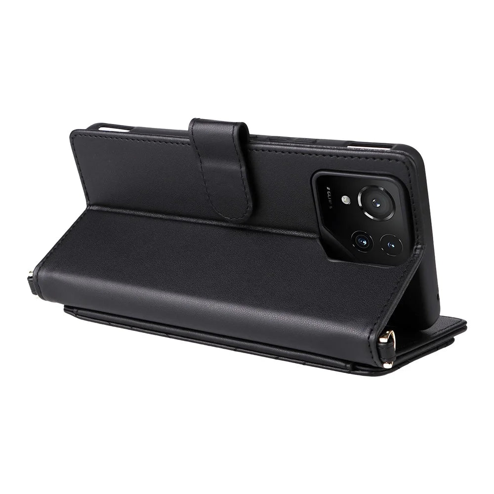For Asus ROG Phone 9 5G / Phone 9 Pro 5G Wallet Case with Shoulder / Wrist Strap Leather Phone Cover Stand - Black - 6
