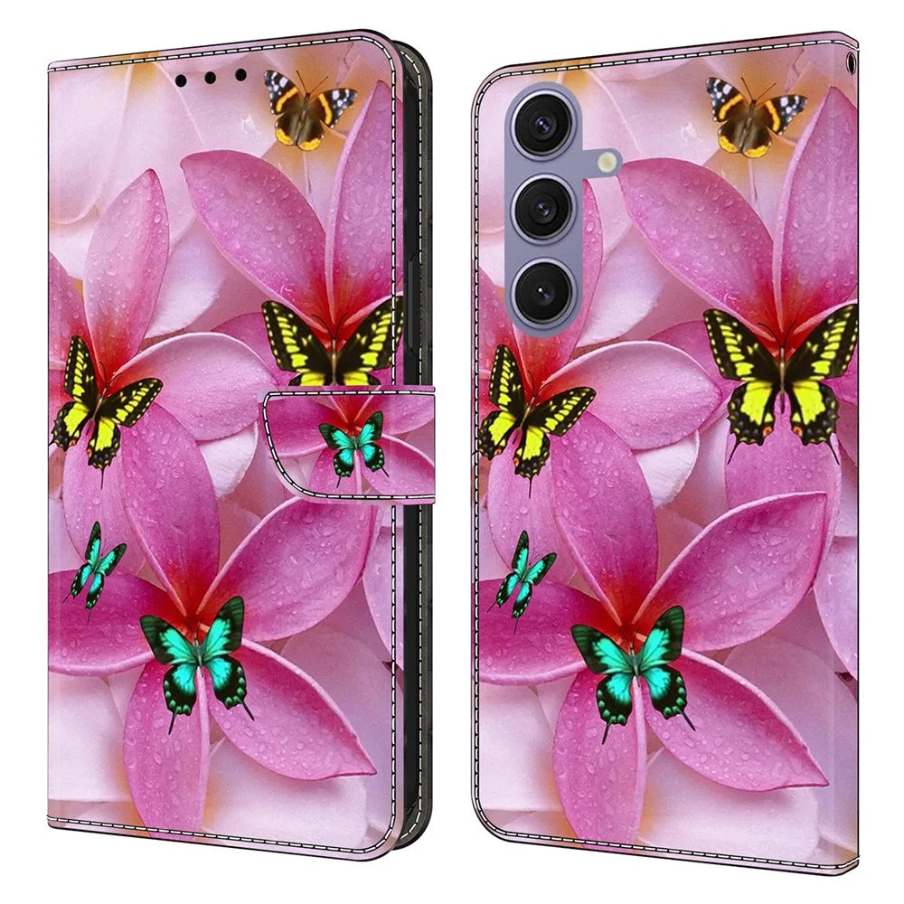 For Samsung Galaxy S25+ Wallet Case Pattern Printing Stand Leather Flip Phone Cover - Pink Floral Butterfly - 1