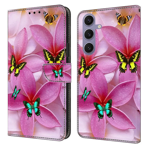 For Samsung Galaxy S25+ Wallet Case Pattern Printing Stand Leather Flip Phone Cover - Pink Floral Butterfly - 1