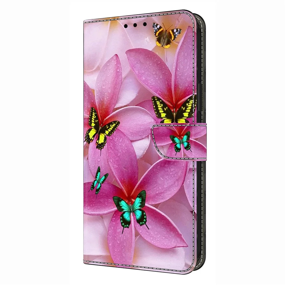 For Samsung Galaxy S25+ Wallet Case Pattern Printing Stand Leather Flip Phone Cover - Pink Floral Butterfly - 4