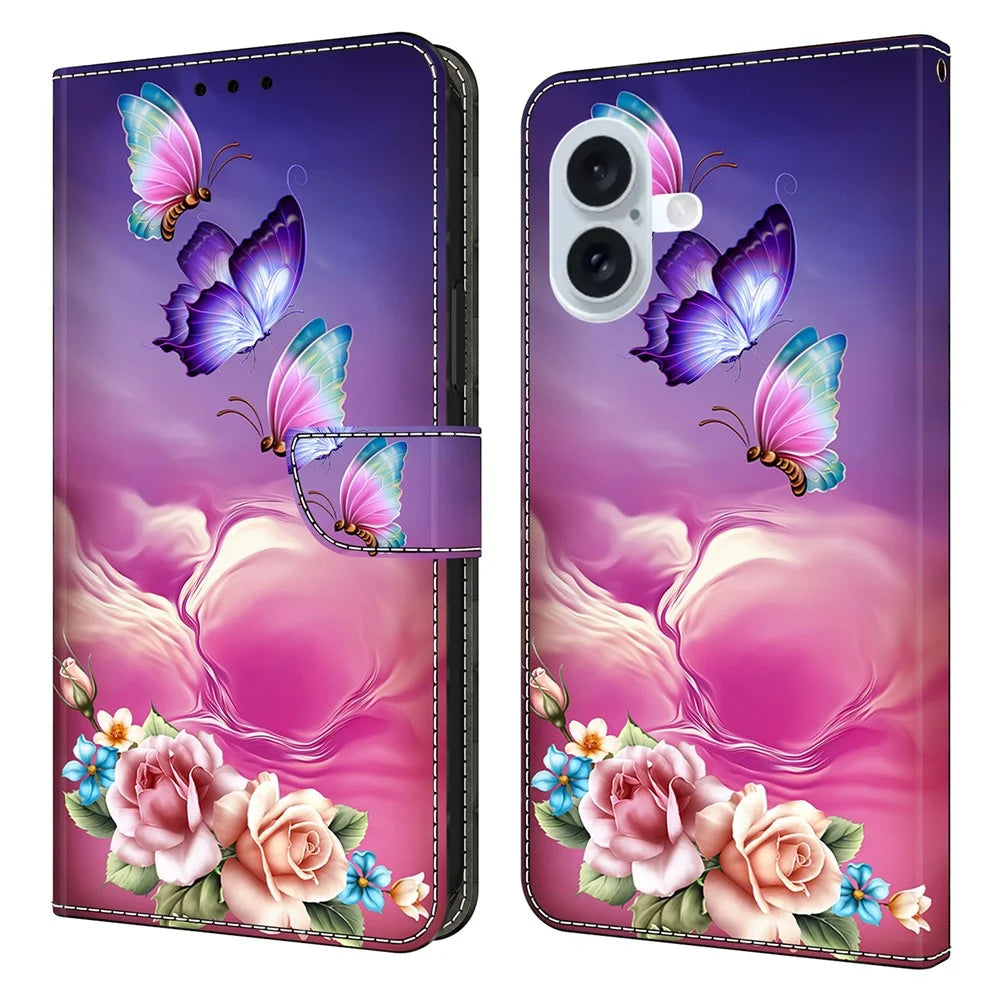 For iPhone 16 Wallet Case Pattern Printing Stand Leather Flip Phone Cover - Floral Butterfly - 1