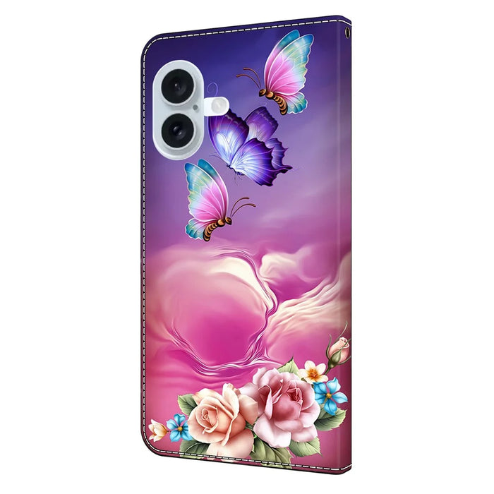 For iPhone 16 Wallet Case Pattern Printing Stand Leather Flip Phone Cover - Floral Butterfly - 5