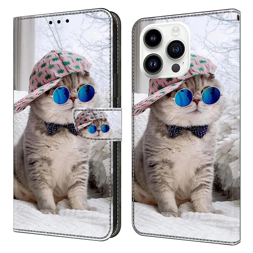 For iPhone 16 Pro Wallet Case Pattern Printing Stand Leather Flip Phone Cover - Hat Cat - 1