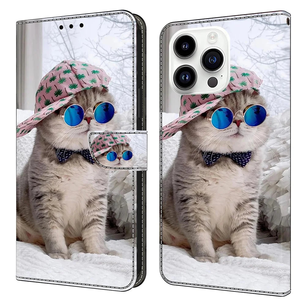 For iPhone 16 Pro Wallet Case Pattern Printing Stand Leather Flip Phone Cover - Hat Cat - 1