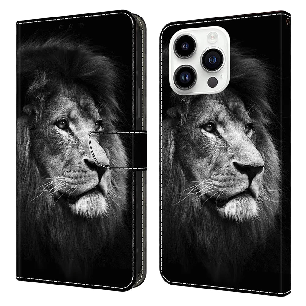 For iPhone 16 Pro Max Wallet Case Pattern Printing Stand Leather Flip Phone Cover - Lion - 1