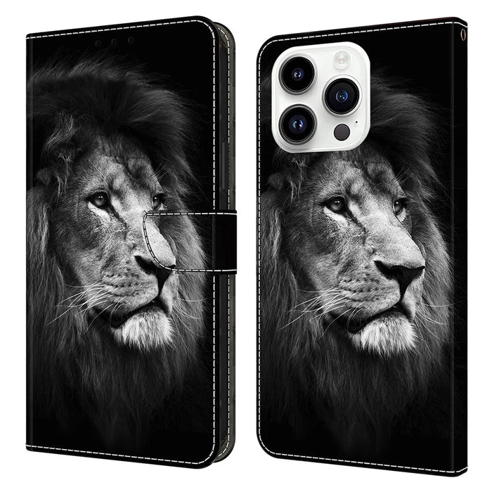 For iPhone 16 Pro Max Wallet Case Pattern Printing Stand Leather Flip Phone Cover - Lion - 1