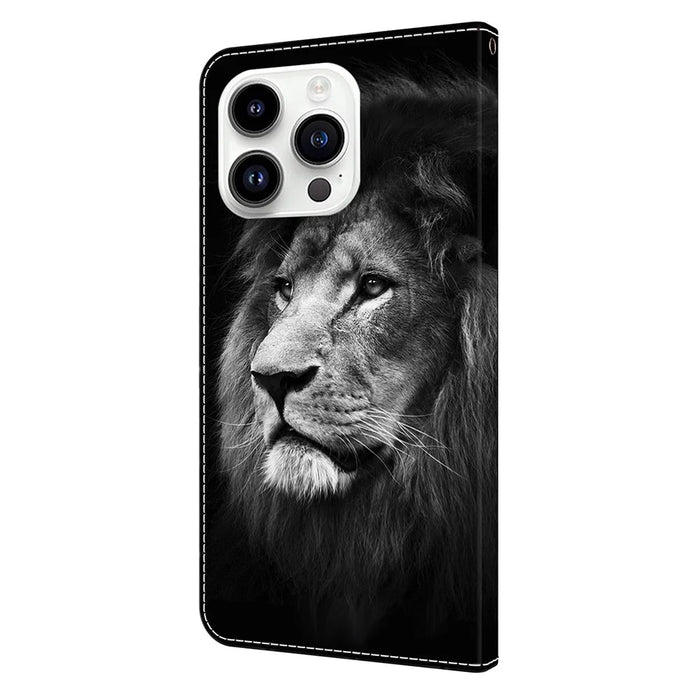 For iPhone 16 Pro Max Wallet Case Pattern Printing Stand Leather Flip Phone Cover - Lion - 4