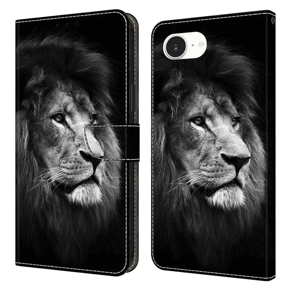 For iPhone 17e / 16e Wallet Case Pattern Printing Stand Leather Flip Phone Cover - Lion - 1