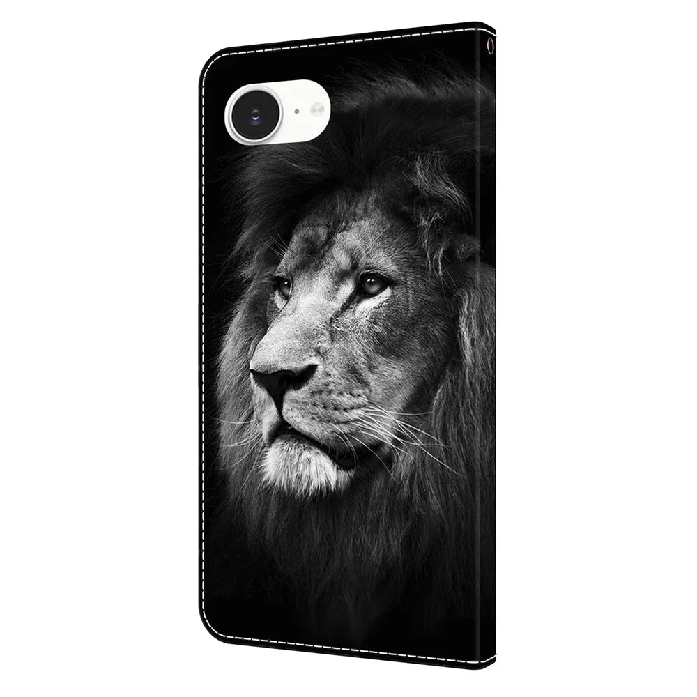 For iPhone 17e / 16e Wallet Case Pattern Printing Stand Leather Flip Phone Cover - Lion - 5