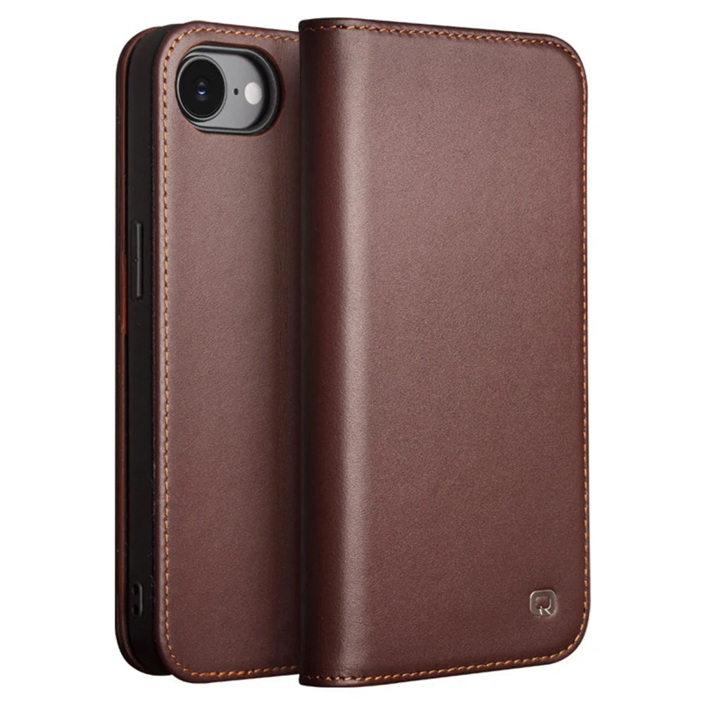 QIALINO For iPhone 17e / 16e Wallet Case Stand Genuine Cow Leather Flip Phone Cover - Brown - 1
