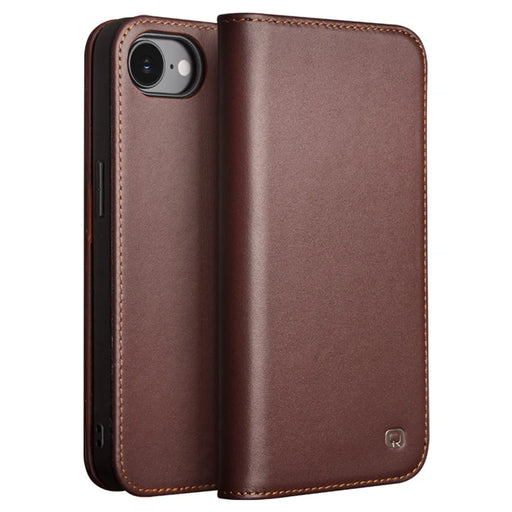 QIALINO For iPhone 17e / 16e Wallet Case Stand Genuine Cow Leather Flip Phone Cover - Brown - 1