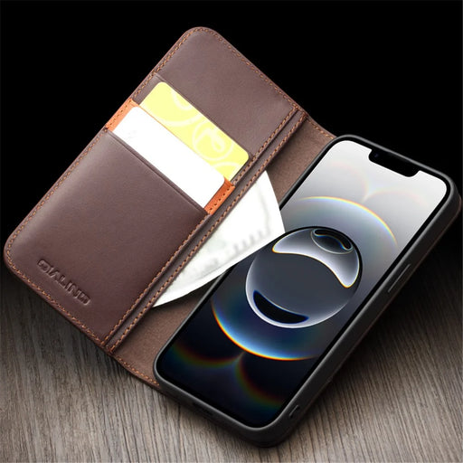 QIALINO For iPhone 17e / 16e Wallet Case Stand Genuine Cow Leather Flip Phone Cover - Brown - 2