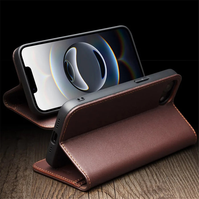 QIALINO For iPhone 17e / 16e Wallet Case Stand Genuine Cow Leather Flip Phone Cover - Brown - 3