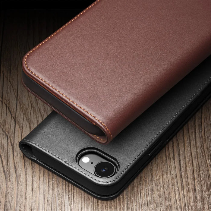QIALINO For iPhone 17e / 16e Wallet Case Stand Genuine Cow Leather Flip Phone Cover - Brown - 4