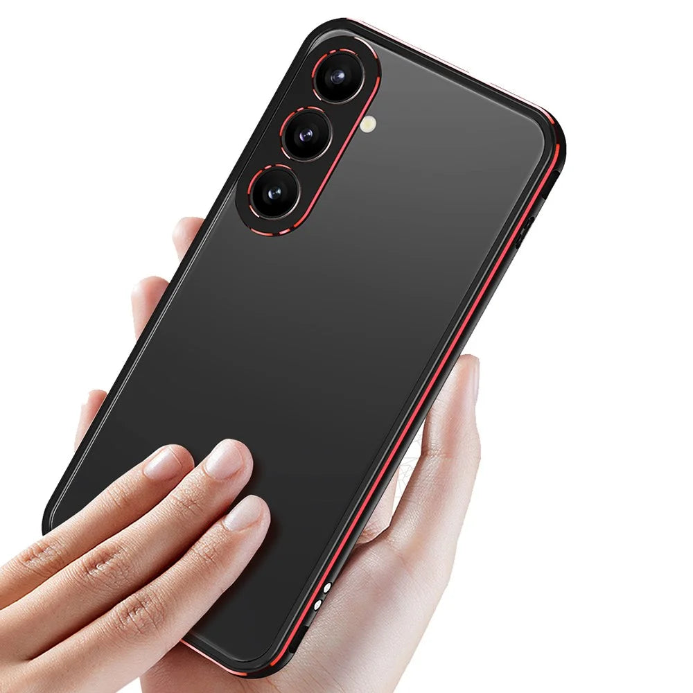 For Samsung Galaxy S25 Bumper Case Metal Frame Phone Cover with Camera Lens Guard - Black / Red - 2