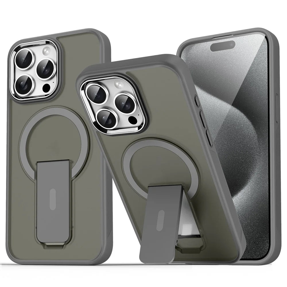 For iPhone 15 Pro Case Compatible with MagSafe PC + TPU Phone Cover with Kickstand - Titanium Grey - 1