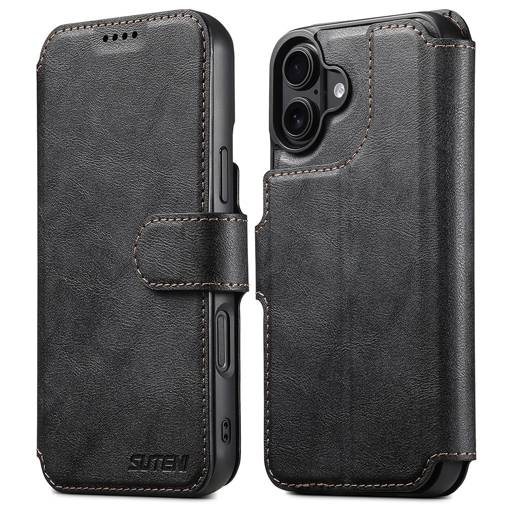 SUTENI Q-05 For iPhone 16 Plus Wallet Case 2 in 1 Detachable Leather Flip Phone Cover with Stand - Black - 1