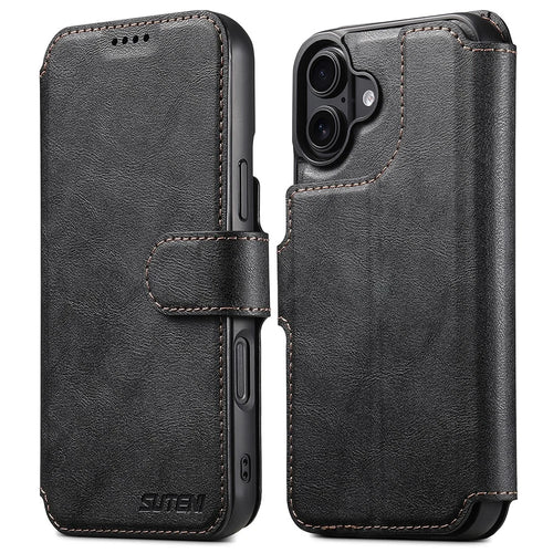 SUTENI Q-05 For iPhone 16 Plus Wallet Case 2 in 1 Detachable Leather Flip Phone Cover with Stand - Black - 1