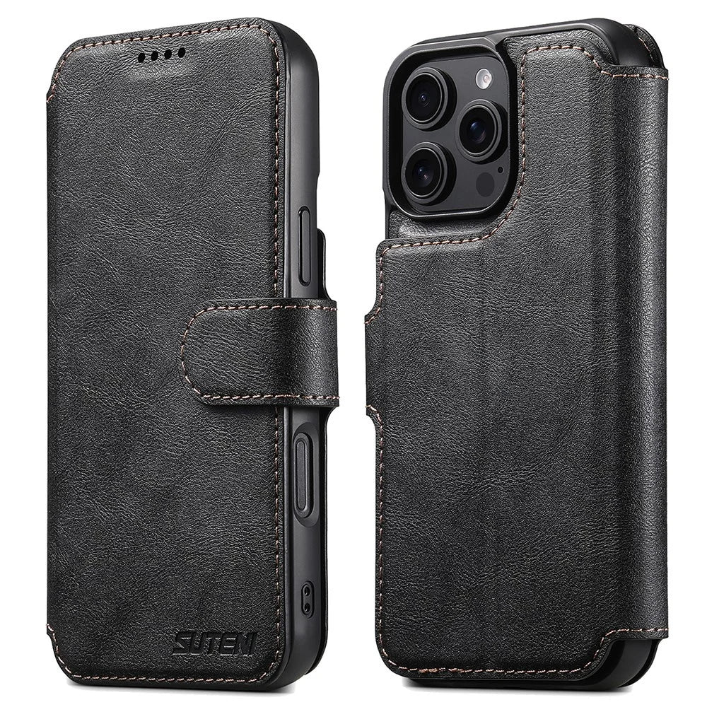 SUTENI Q-05 For iPhone 16 Pro Wallet Case 2 in 1 Detachable Leather Flip Phone Cover with Stand - Black - 1