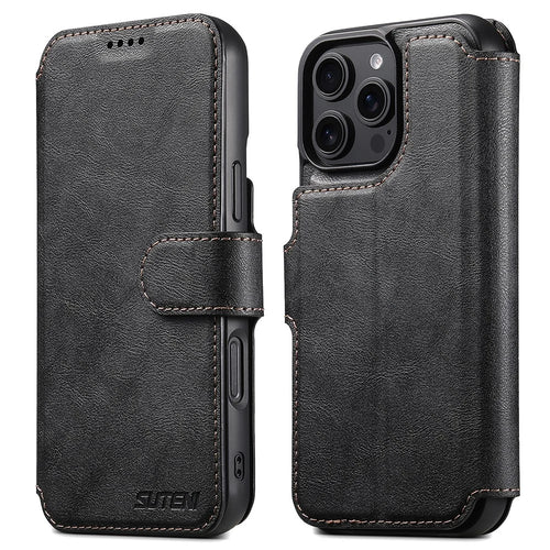 SUTENI Q-05 For iPhone 16 Pro Wallet Case 2 in 1 Detachable Leather Flip Phone Cover with Stand - Black - 1