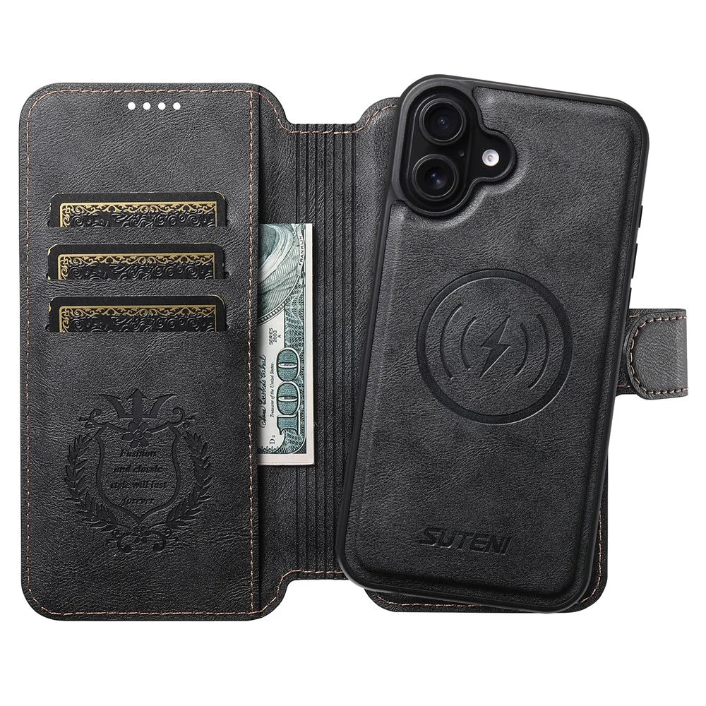 SUTENI Q-05 For iPhone 16 Wallet Case 2 in 1 Detachable Leather Flip Phone Cover with Stand - Black - 2