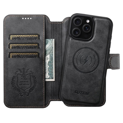 SUTENI Q-05 For iPhone 15 Pro Max Wallet Case 2 in 1 Detachable Leather Flip Phone Cover with Stand - Black - 2