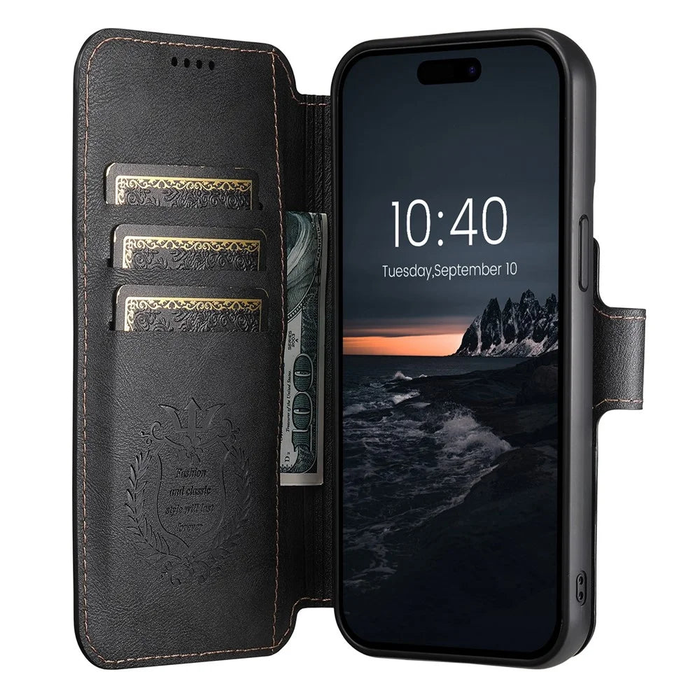 SUTENI Q-05 For iPhone 15 Pro Max Wallet Case 2 in 1 Detachable Leather Flip Phone Cover with Stand - Black - 3