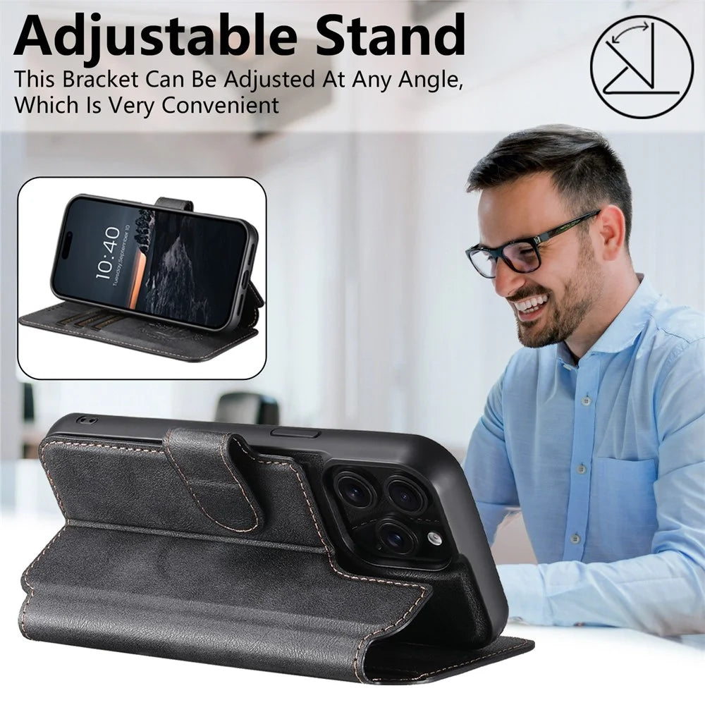 SUTENI Q-05 For iPhone 15 Pro Max Wallet Case 2 in 1 Detachable Leather Flip Phone Cover with Stand - Black - 7