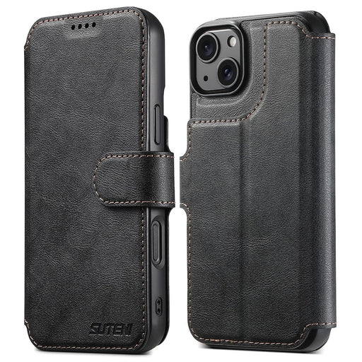 SUTENI Q-05 For iPhone 15 Plus / 14 Wallet Case 2 in 1 Detachable Leather Flip Phone Cover with Stand - Black - 1