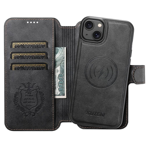 SUTENI Q-05 For iPhone 15 Plus / 14 Wallet Case 2 in 1 Detachable Leather Flip Phone Cover with Stand - Black - 2