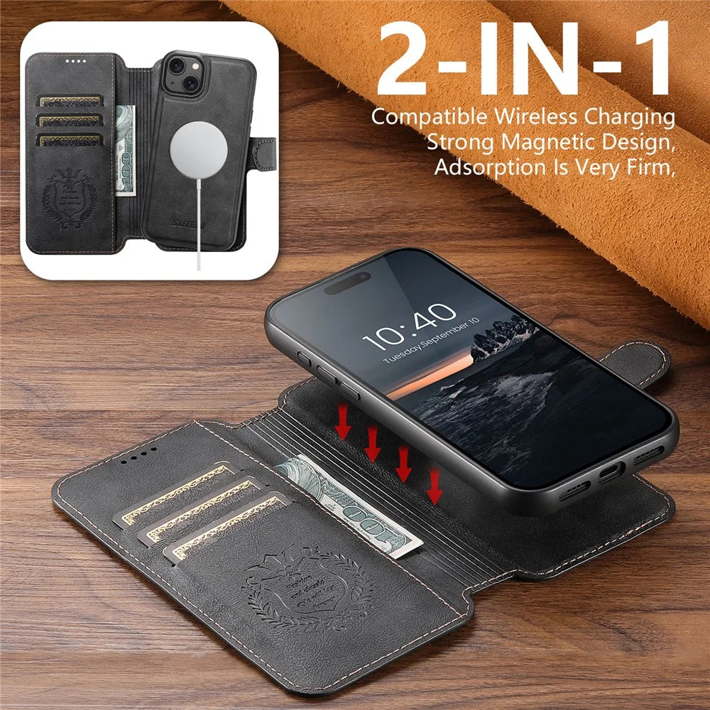 SUTENI Q-05 For iPhone 15 Plus / 14 Wallet Case 2 in 1 Detachable Leather Flip Phone Cover with Stand - Black - 6