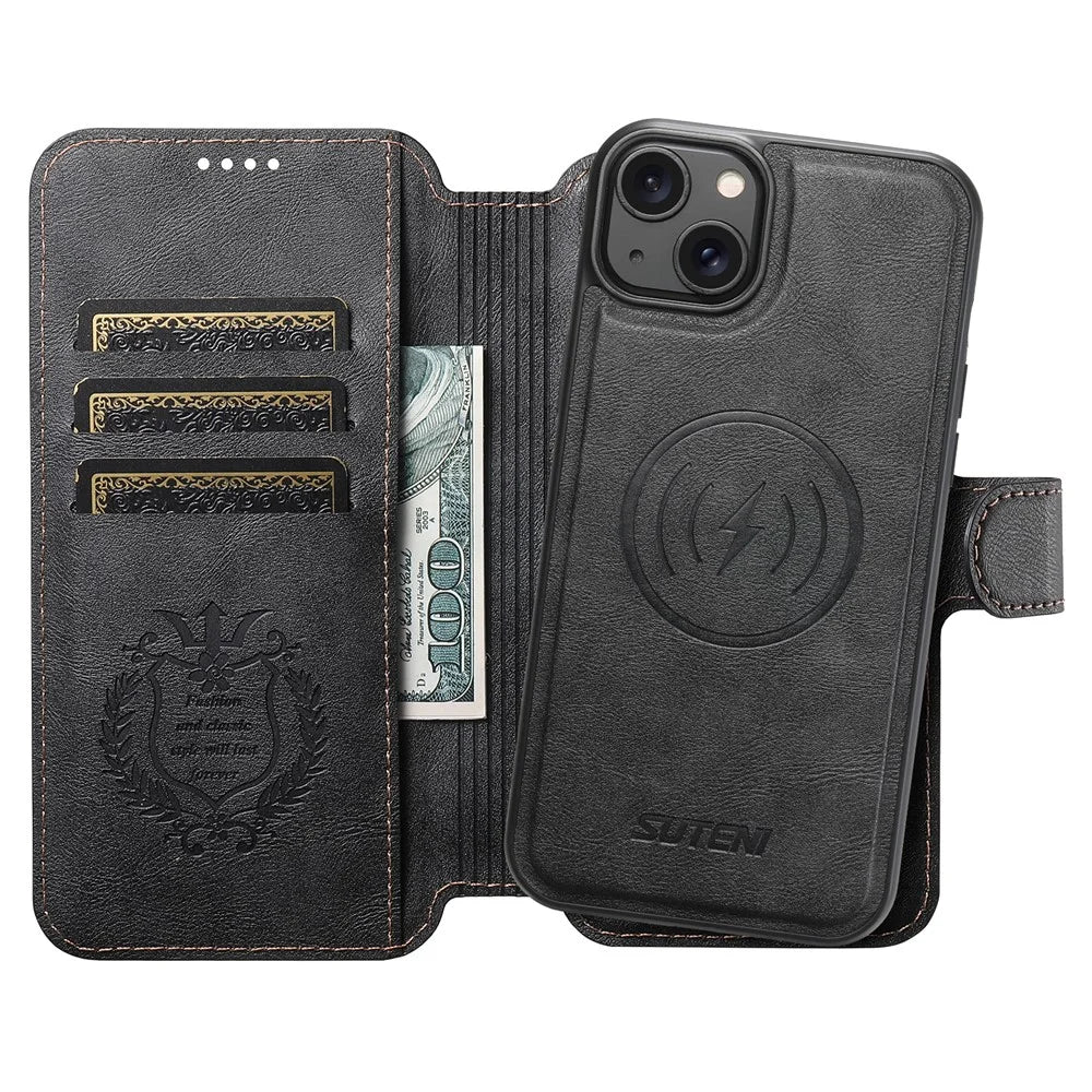 SUTENI Q-05 For iPhone 15 Wallet Case 2 in 1 Detachable Leather Flip Phone Cover with Stand - Black - 2