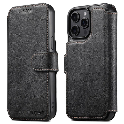 SUTENI Q-05 For iPhone 14 Pro Max Wallet Case 2 in 1 Detachable Leather Flip Phone Cover with Stand - Black - 1