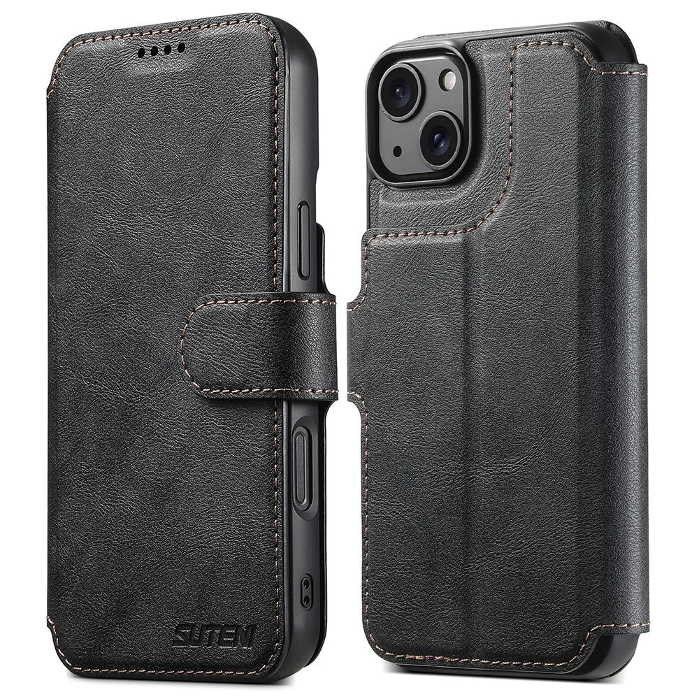 SUTENI Q-05 For iPhone 14 / 13 Wallet Case 2 in 1 Detachable Leather Flip Phone Cover with Stand - Black - 1