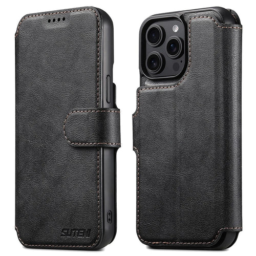 SUTENI Q-05 For iPhone 13 Pro Max Wallet Case 2 in 1 Detachable Leather Flip Phone Cover with Stand - Black - 1